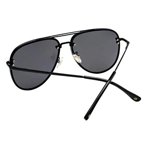 VIVIENFANG Oversized Rimless Aviator Sunglasses Metal Frame with Spring Hinges, Designer Inspired Shade for Women/Men 87247A Black