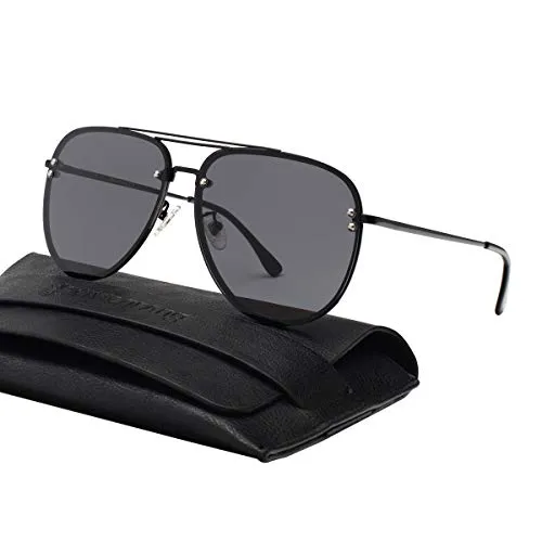 VIVIENFANG Oversized Rimless Aviator Sunglasses Metal Frame with Spring Hinges, Designer Inspired Shade for Women/Men 87247A Black