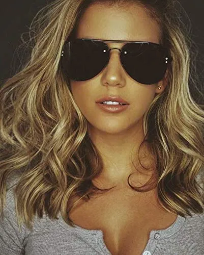 VIVIENFANG Oversized Rimless Aviator Sunglasses Metal Frame with Spring Hinges, Designer Inspired Shade for Women/Men 87247A Black