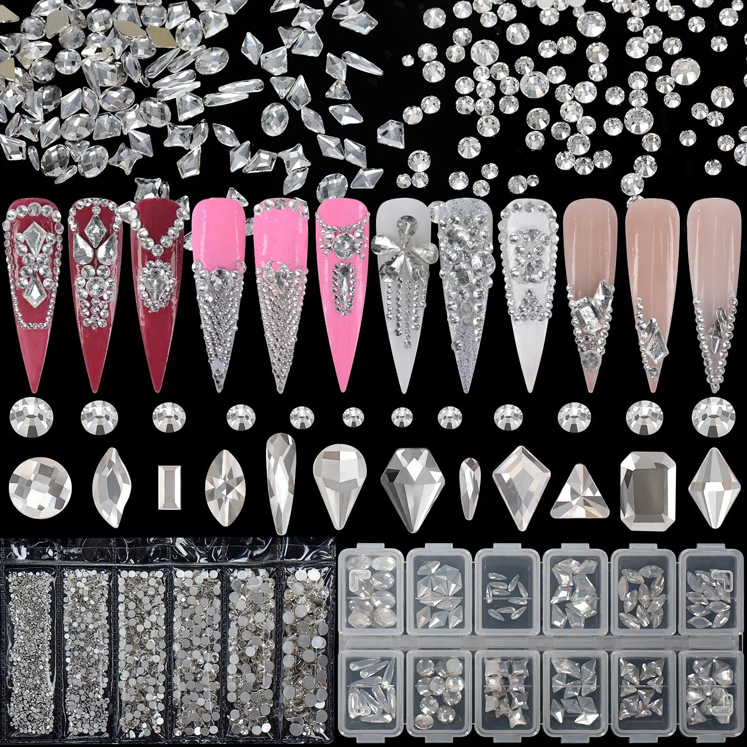 Warmfits 1840pcs Clear Crystal Nail Rhinestones Set Nail Art Rhinestone Nail Art Gems 9K Clear Class Multi-Shape Flat Back Transparent Nail Jewels for Nail DIY Crafts Makeup