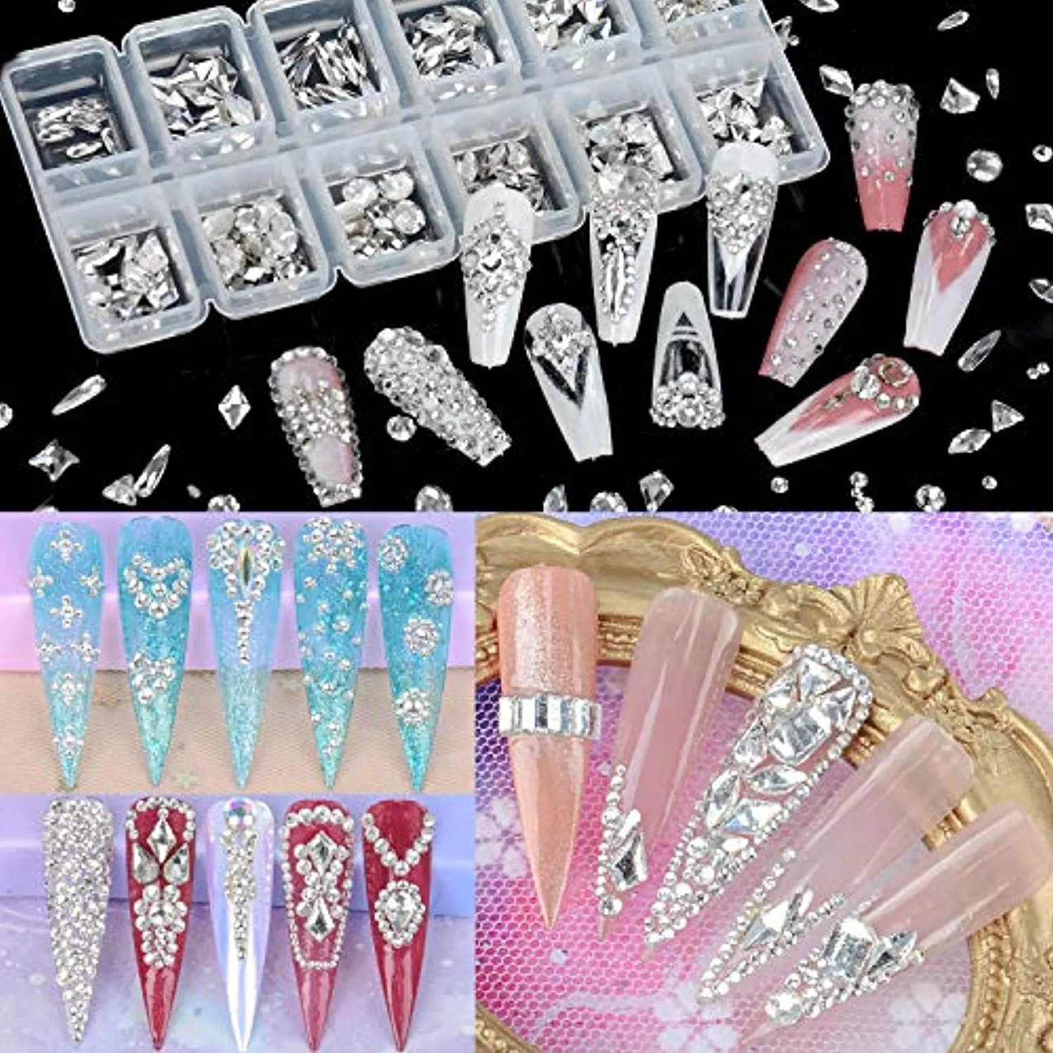 Warmfits 1840pcs Clear Crystal Nail Rhinestones Set Nail Art Rhinestone Nail Art Gems 9K Clear Class Multi-Shape Flat Back Transparent Nail Jewels for Nail DIY Crafts Makeup