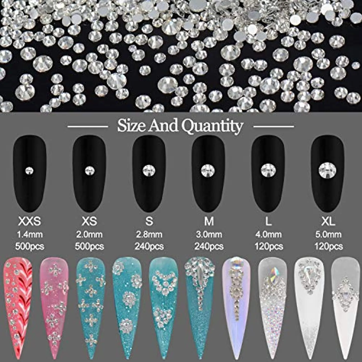 Warmfits 1840pcs Clear Crystal Nail Rhinestones Set Nail Art Rhinestone Nail Art Gems 9K Clear Class Multi-Shape Flat Back Transparent Nail Jewels for Nail DIY Crafts Makeup