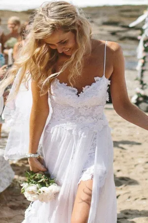 White Lace Side Slit Simple Spaghetti Wedding Dresses For Beach Wedding,M32