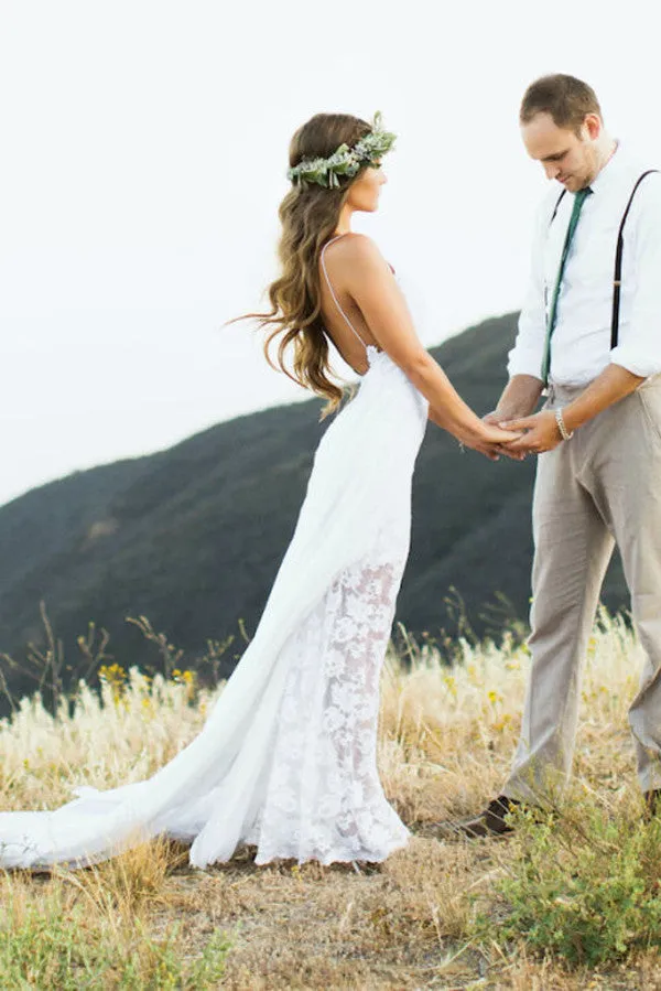 White Lace Side Slit Simple Spaghetti Wedding Dresses For Beach Wedding,M32