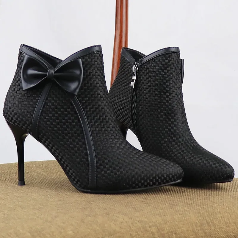 Women's High Heels Boots Butterfly-knot Weave Pointed Toe Bow Ankle Boots