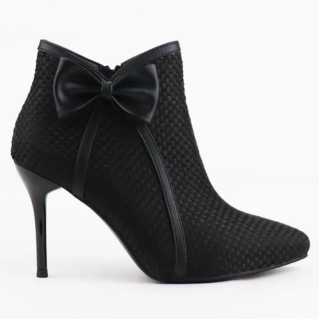 Women's High Heels Boots Butterfly-knot Weave Pointed Toe Bow Ankle Boots