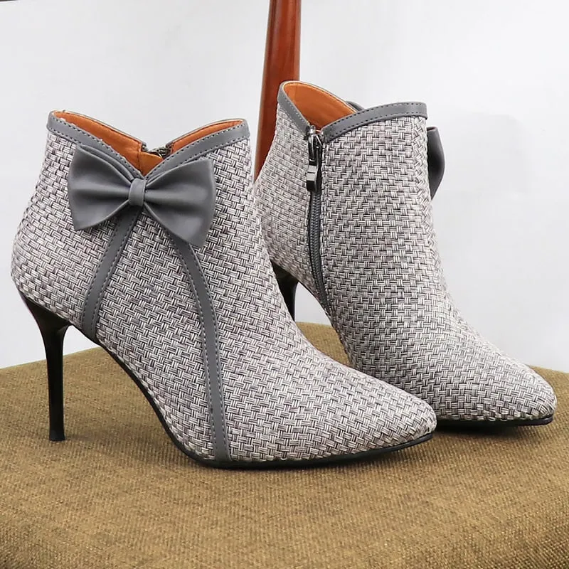 Women's High Heels Boots Butterfly-knot Weave Pointed Toe Bow Ankle Boots