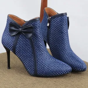 Women's High Heels Boots Butterfly-knot Weave Pointed Toe Bow Ankle Boots