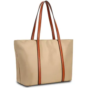 YALUXE Tote for Women Leather Nylon Shoulder Bag Women's Oxford Nylon Large Capacity Work fit 15.6 inch brown&Tan